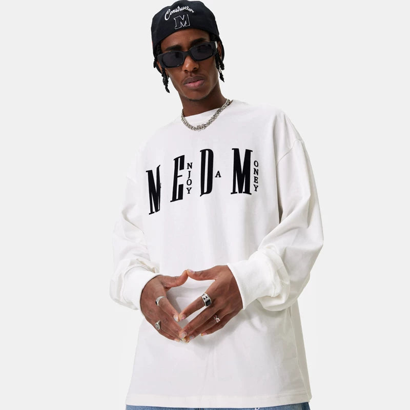 MEDM fashion brand long sleeved T-shirt for men and women, loose and trendy T-shirt, basic simple printing, pure cotton couple autumn top