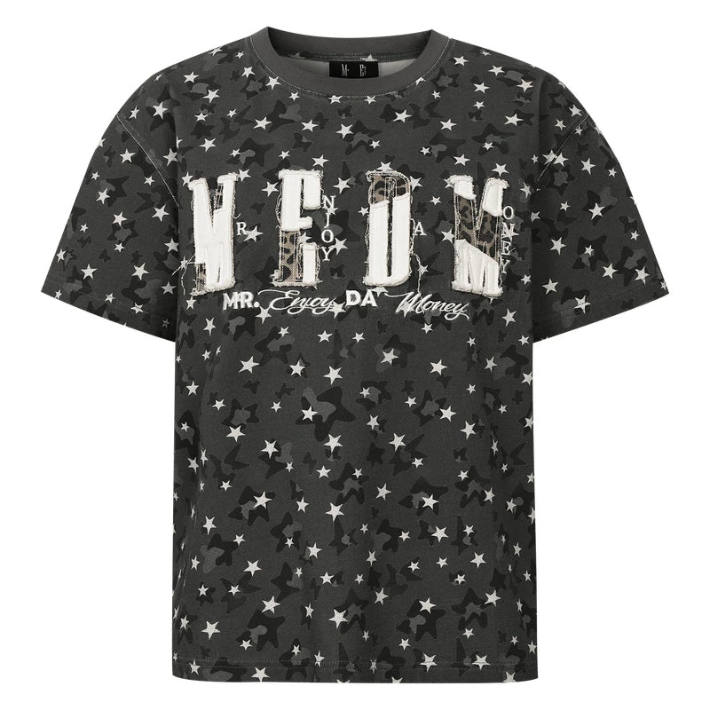 MEDM camouflage leopard print star full print sticker logo casual round neck short sleeved trendy men's and women's loose T-shirt summer