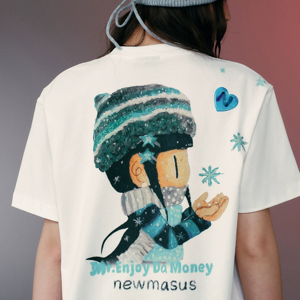 MEDMxNEWMASUS collaboration snowflake fluttering letter print casual round neck short sleeved versatile couple T-shirt summer