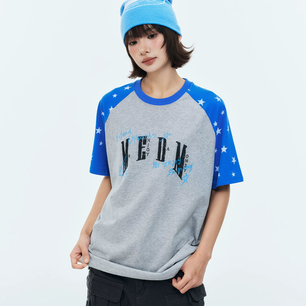 MEDM Handwritten Graffiti Printed Stars Full Print Casual Off Shoulder Short Sleeve Men's and Women's Loose Round Neck T-shirt Summer