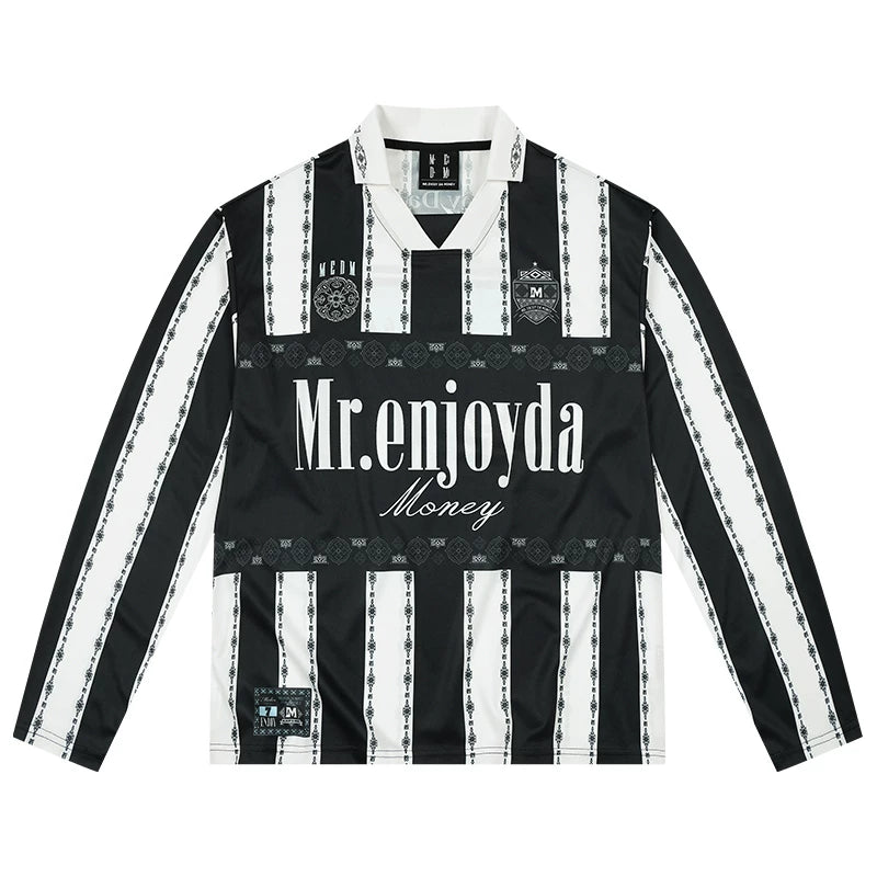 MEDM contrasting striped patchwork casual jersey long sleeved T-shirt American commuter couple loose collar top for spring and autumn