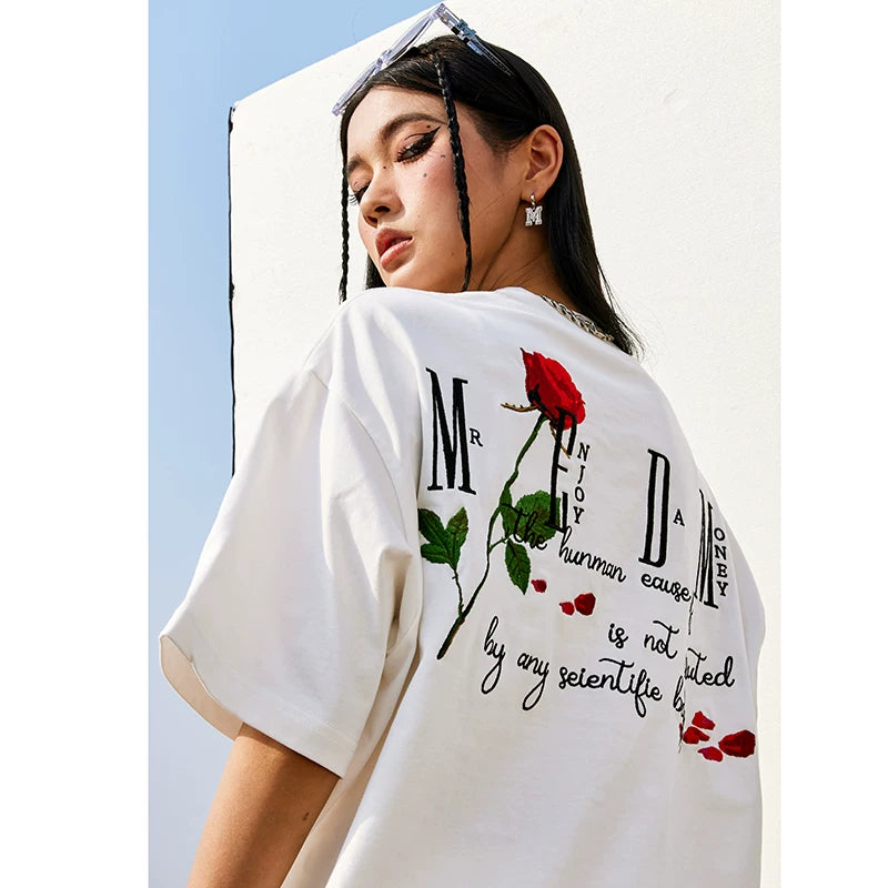 Hou Minghao's Rose 3D Embroidered Short Sleeve T-shirt MEDM American Street Loose Edition Cotton Short Sleeve