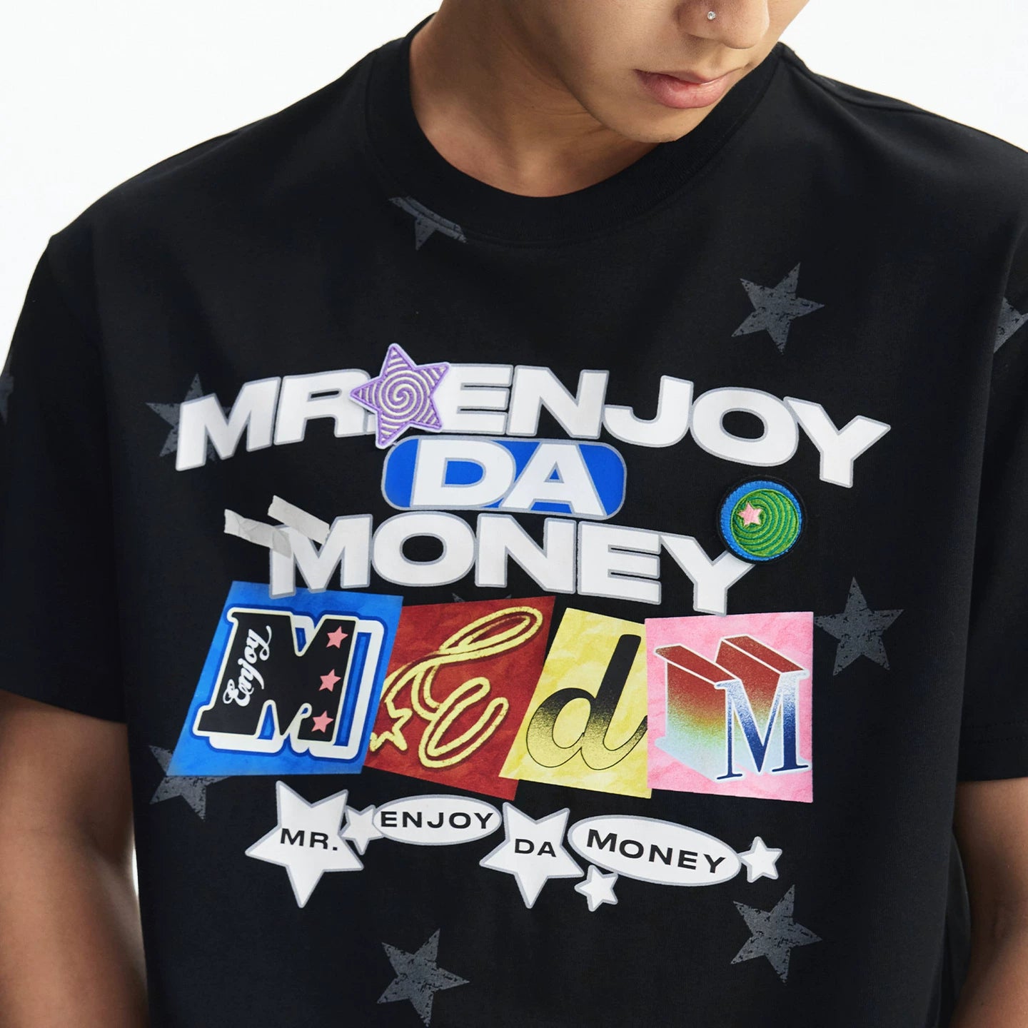 MEDM full print hand-painted star letter print embroidery casual round neck short sleeved trendy loose skin friendly couple T-shirt