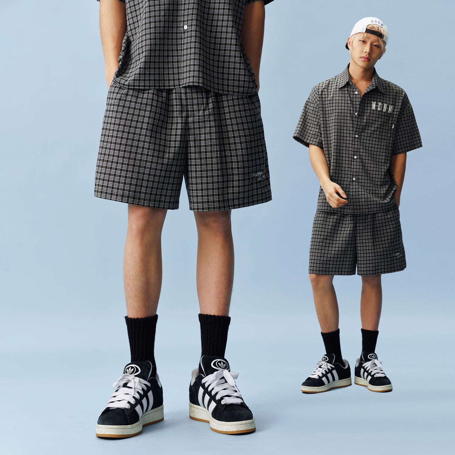 MEDM plaid beach wide leg logo labeled casual pants 26 new loose fitting unisex plaid shorts for summer