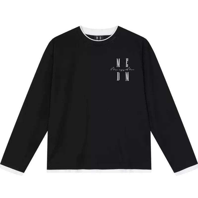 MEDM Simple and Versatile Fake Two Piece Round Neck Casual Long Sleeve T-shirt Embroidered Logo Loose and Slim Couple Top Autumn