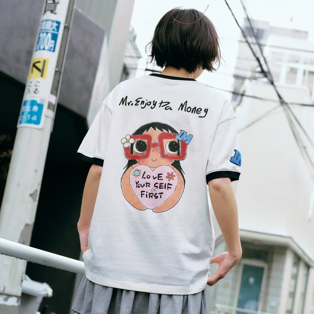 MEDM × YUY Jade Collaboration - Embrace Love Slogan Printed Color Contrasting Collar Cuffs Casual Round Neck Short Sleeve T-shirt