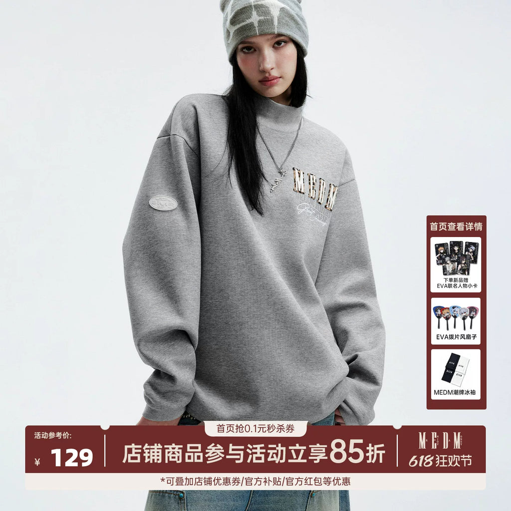 MEDM stand up collar double-layer patchwork logo casual half high collar sweatshirt American versatile men's and women's versatile loose top