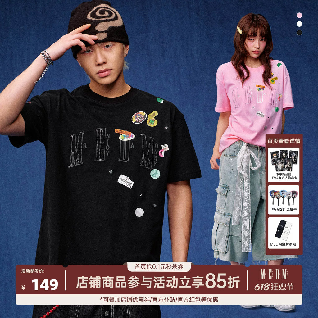 MEDM label stickers, pure cotton casual round neck T-shirt, trendy logo stickers, embroidered printed fabric, loose couple short sleeves, summer