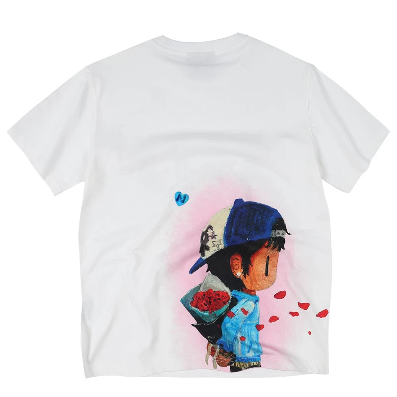 MEDMxNEWMASUS collaboration rose bouquet print casual round neck short sleeved trendy versatile couple T-shirt summer