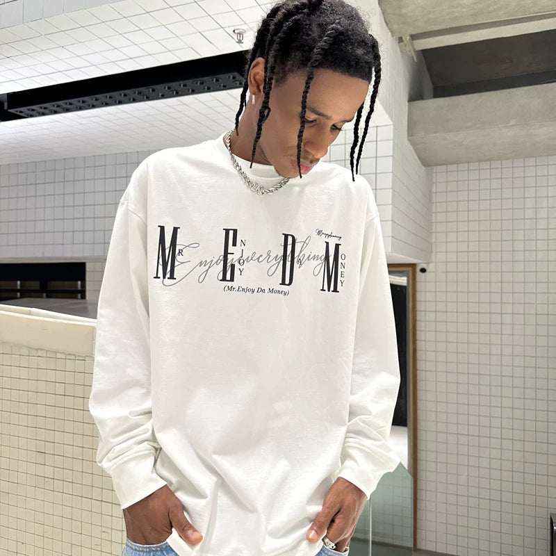 MEDM China-Chic Basic Printing Long Sleeve T-shirt for Men and Women Autumn American Loose Couple Dress Casual T-shirt Backing Shirt