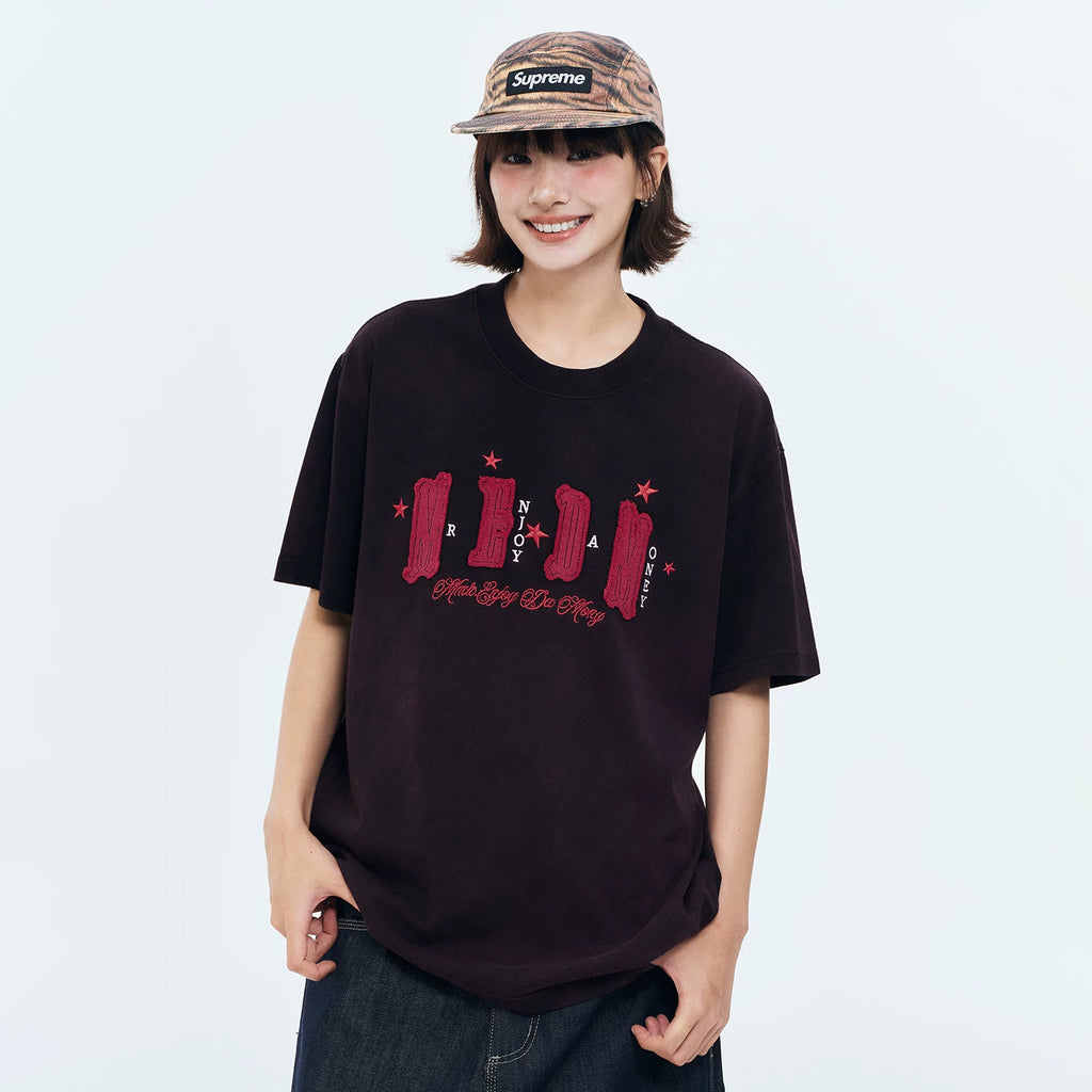 MEDM gradient washed cloth embroidered logo casual round neck short sleeved summer street versatile simple loose couple T-shirt