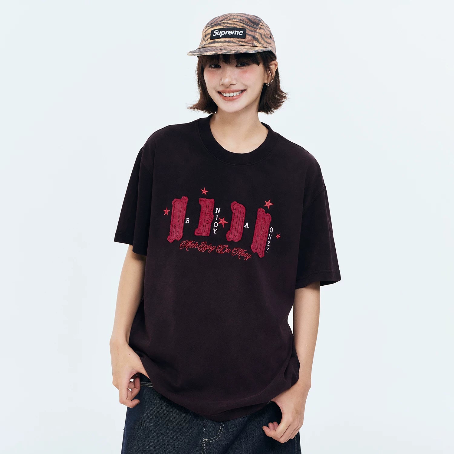 MEDM gradient washed cloth embroidered logo casual round neck short sleeved summer street versatile simple loose couple T-shirt