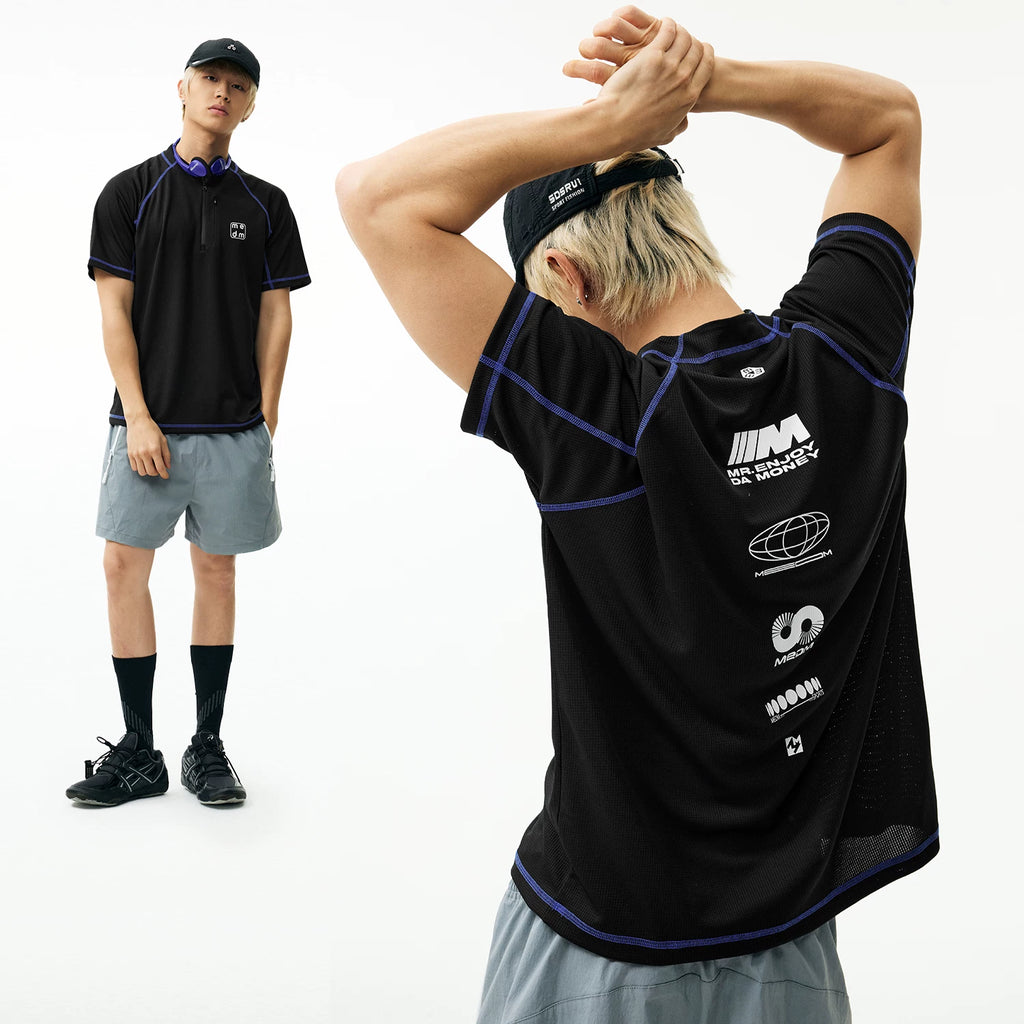 MEDM plaid quick drying half zipper sports style casual short sleeved trendy breathable loose men's and women's T-shirt half sleeve summer