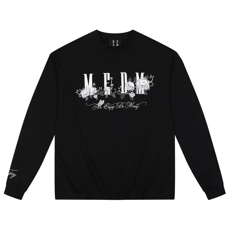 MEDM Ice Rose Embroidered Nail Bead Printed LOGO Casual Long Sleeve T-shirt Trendy Round Neck Loose Bottom Shirt Autumn