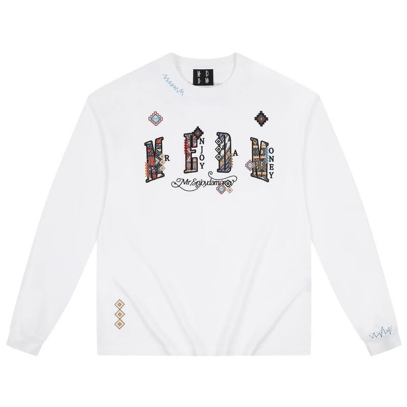 MEDM2025 new product ethnic style small fragrance patch fabric casual long sleeved T-shirt pure cotton round neck couple base shirt top
