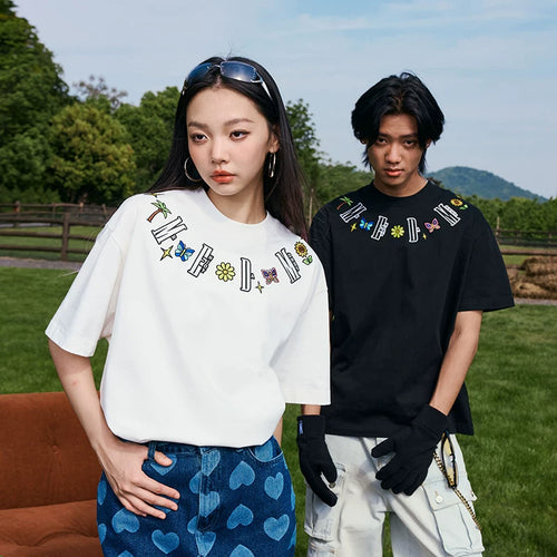 MEDM Butterfly Necklace Embroidered Top Black and White Printed Short Sleeve T-shirt Summer Unisex Versatile Loose Casual T-shirt