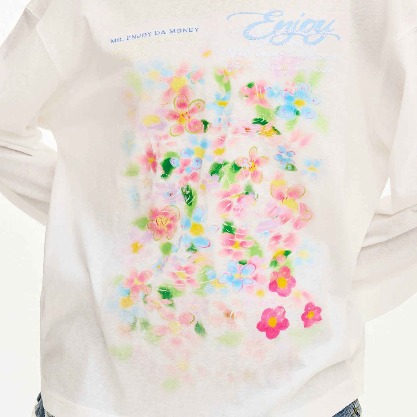 MEDM Spring Flower Shadow Printed Casual Round Neck Hoodie Long Sleeve T-shirt 26 New Breathable and Versatile Loose Top for Women