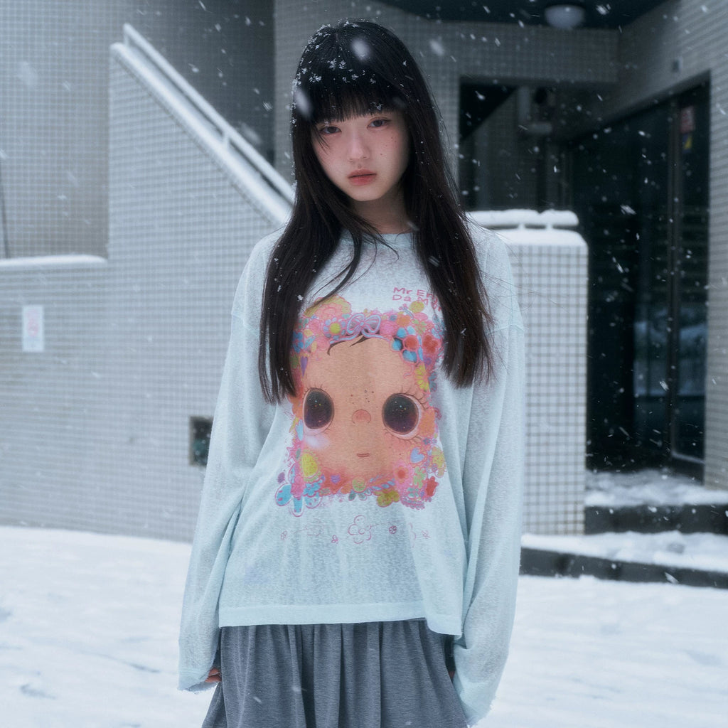MEDM × YUY Jade Collaboration - Flower Surrounding Printed Logo Casual Long Sleeve T-shirt Cute Loose Round Neck Hoodie