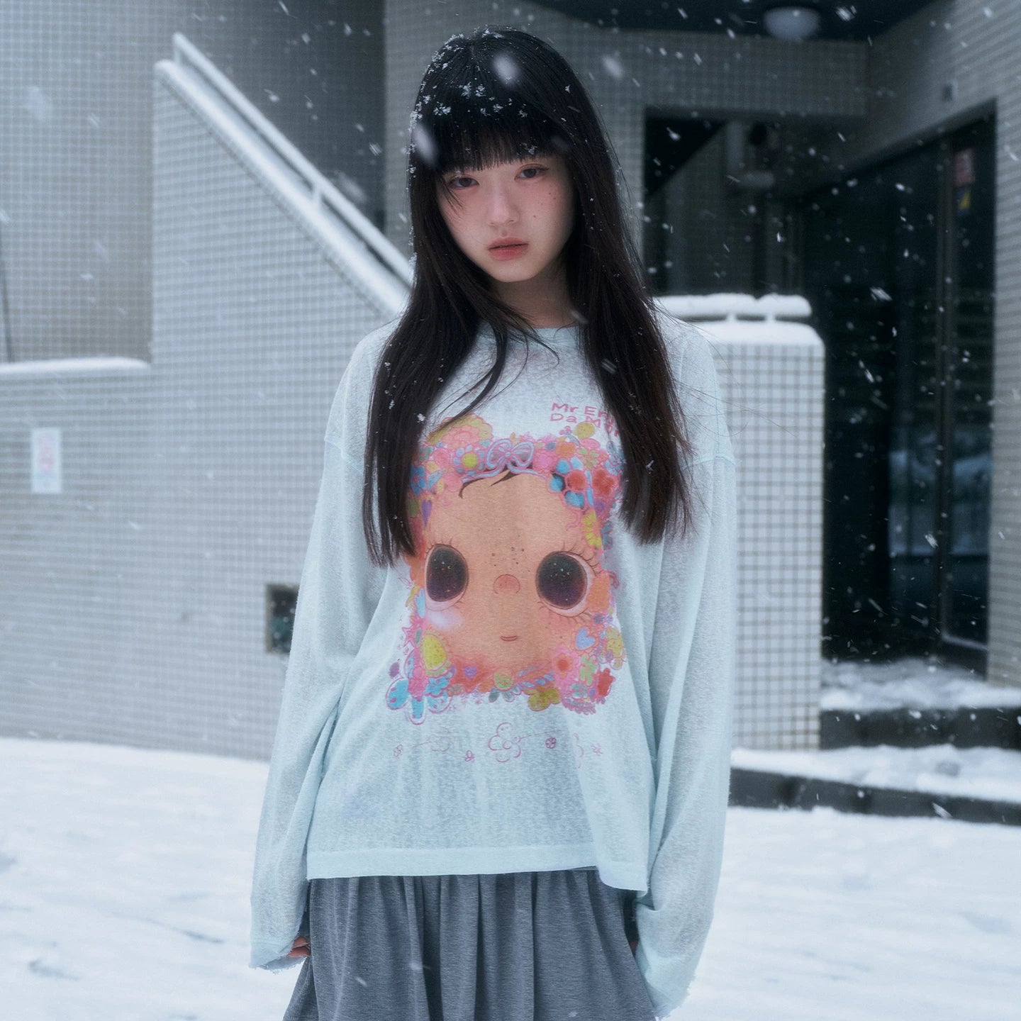 MEDM × YUY Jade Collaboration - Flower Surrounding Printed Logo Casual Long Sleeve T-shirt Cute Loose Round Neck Hoodie
