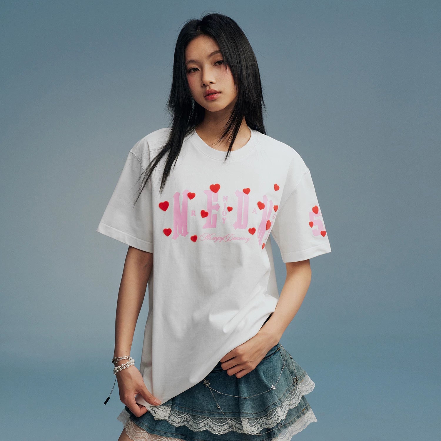 MEDM 52 Limited Edition Love Plush Printed Casual Round Neck Short Sleeve Couple's Loose Heavy Cotton T-shirt Summer