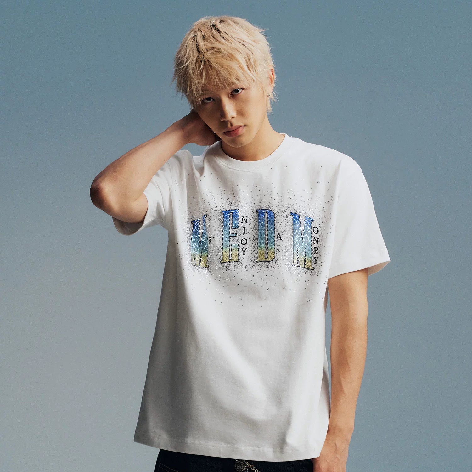 MEDM new gradient logo with diamond print casual round neck T-shirt for summer street glitter loose short sleeved men and women
