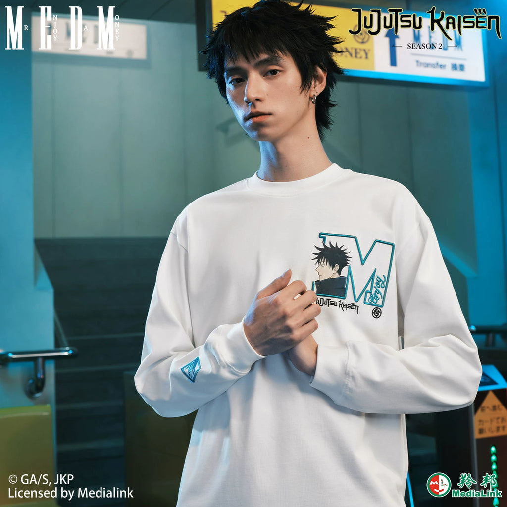 MEDM x Spell Battle Collaboration - Big M Character Avatar Embroidered Letter Casual Water Washed and Velvet Long Sleeve T-shirt for Men