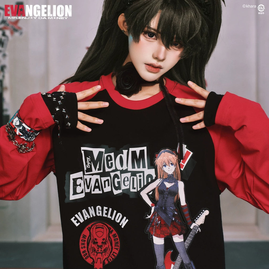 MEDMxEVA NEVER END series character layout with shoulder sleeves, round neck, long sleeved T-shirt, casual patchwork top