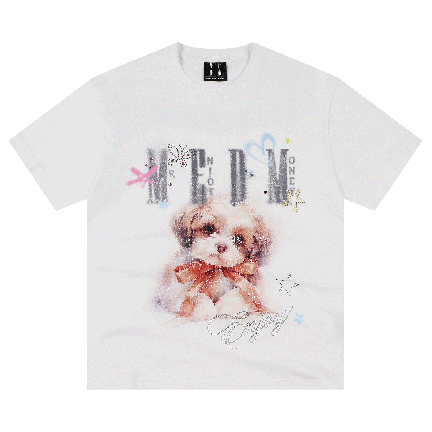 MEDM color rhinestone washed puppy print casual round neck short sleeved American retro heavy-duty loose T-shirt