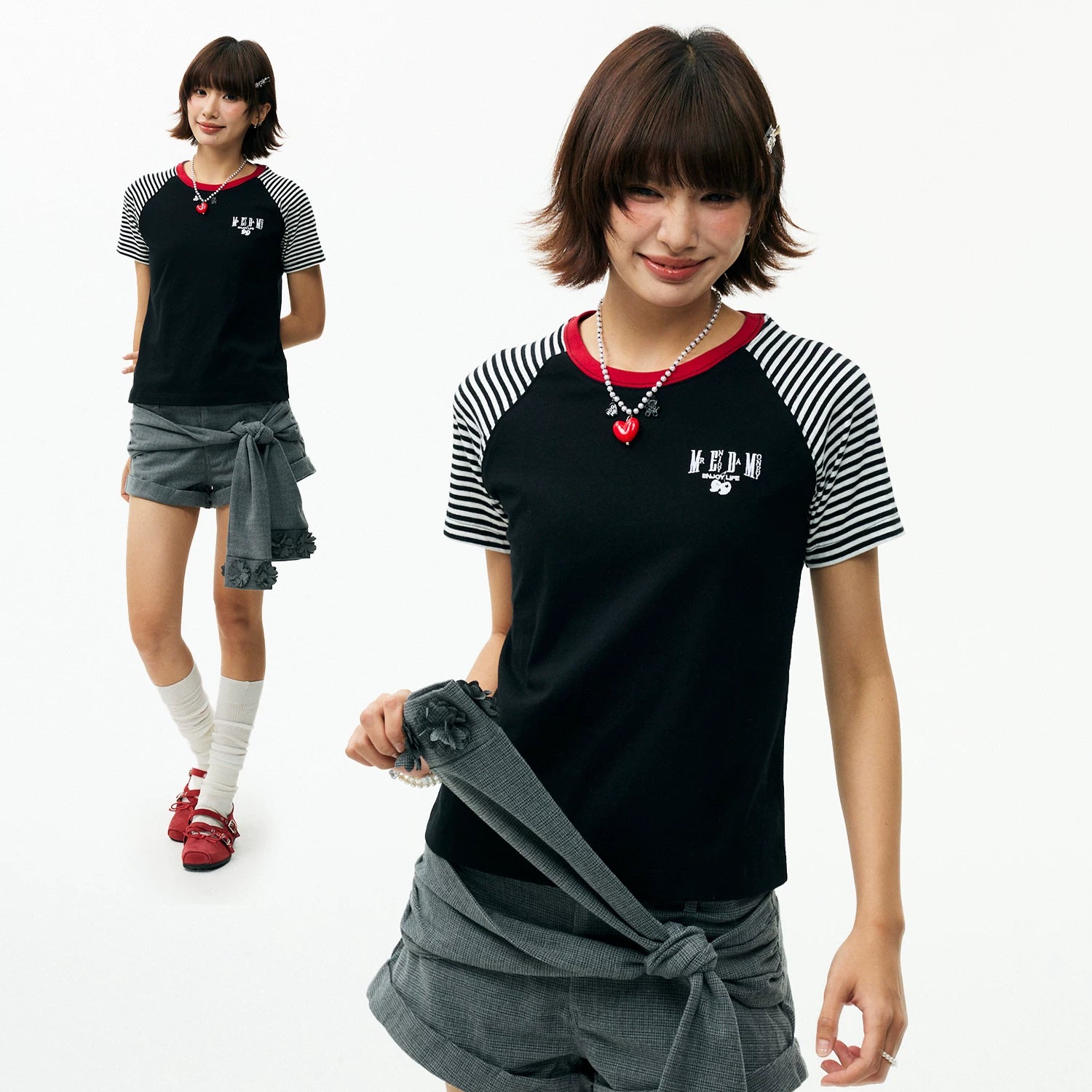 MEDM Basic Stripe Splicing Shoulder Sleeve Casual T-shirt Summer American Retro Logo Embroidered Loose Short Sleeve for Women