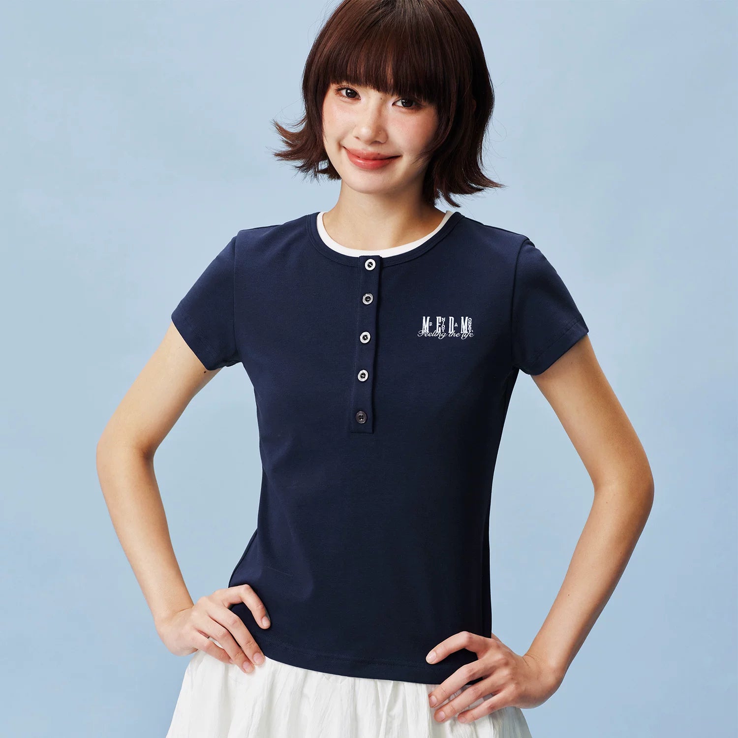MEDM fake two Henry collar embroidered logo loose casual short sleeved slimming breathable versatile loose T-shirt for women