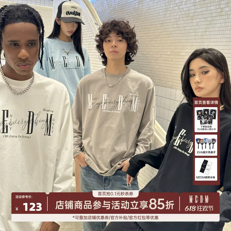 MEDM China-Chic Basic Printing Long Sleeve T-shirt for Men and Women Autumn American Loose Couple Dress Casual T-shirt Backing Shirt
