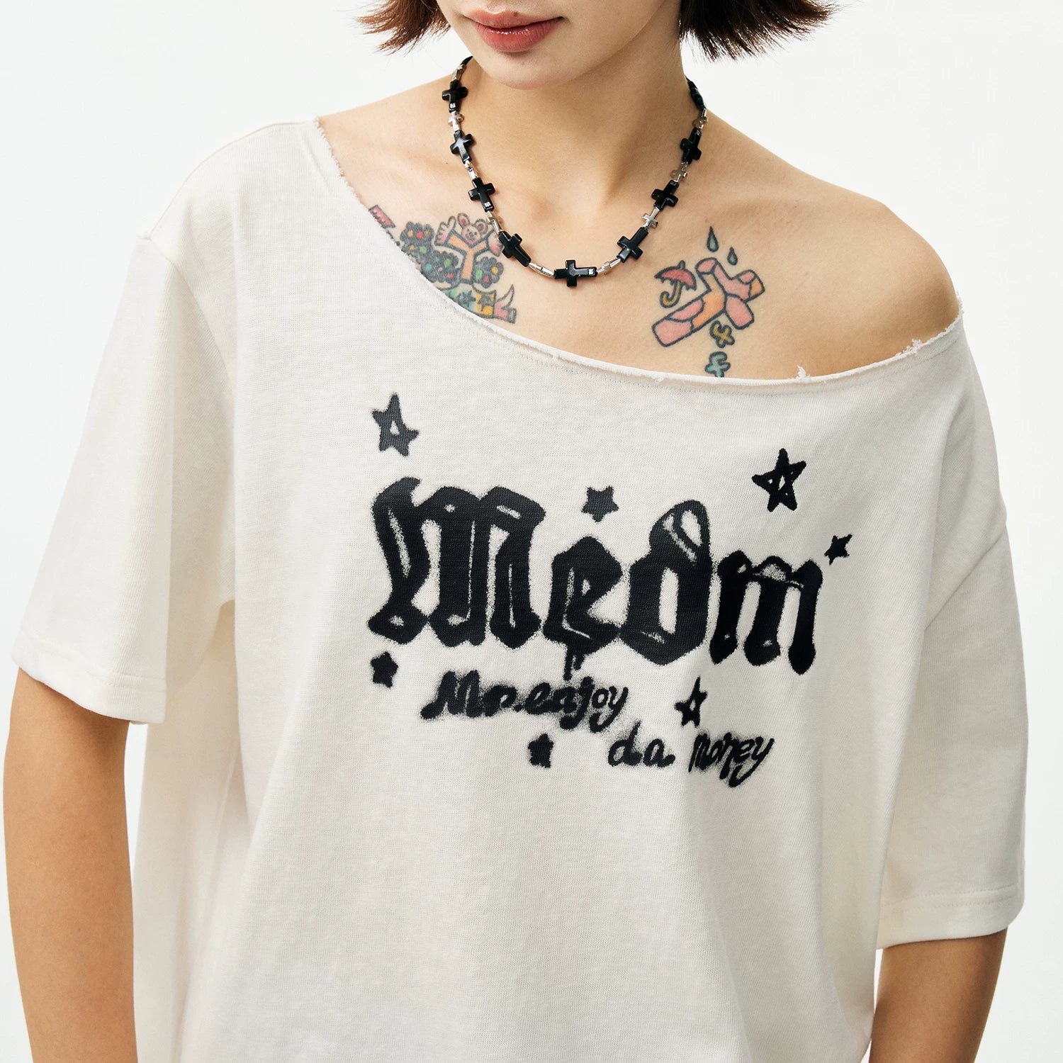 MEDM Graffiti Style Loose Edition Slant Shoulder Skin friendly T-shirt Street Lazy Style Versatile Breathable slimming casual short sleeved women