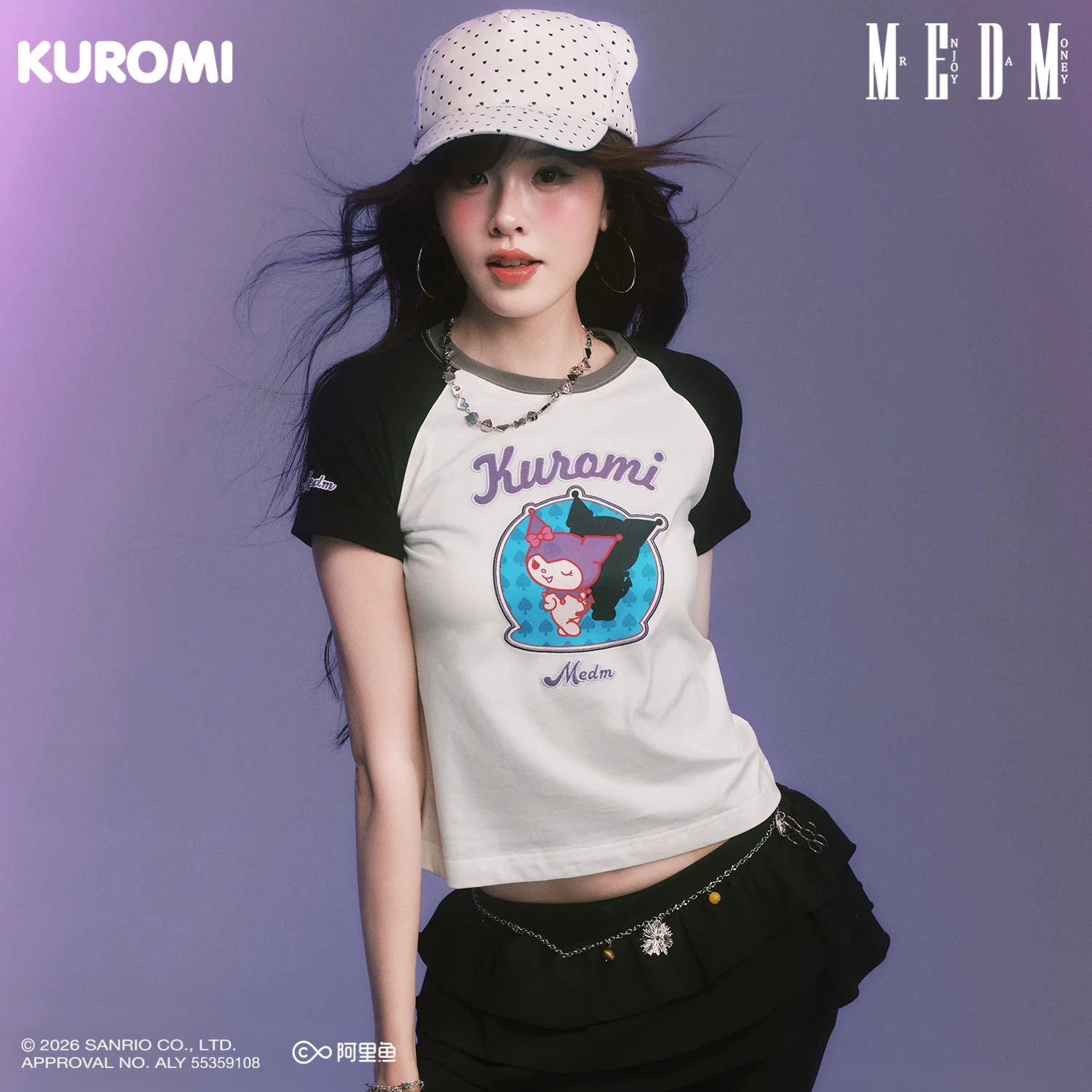 MEDM × Sanrio Family Series Color blocked Cool Lomi Pattern Printed Shoulder Short Sleeve Cute Sweet Girl T-shirt Female