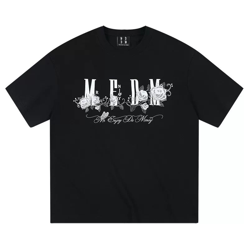 MEDM26SS Ice Rose Embroidered Nail Bead Printed LOGO Short sleeved Men's T-shirt American Retro Summer Top Trendy