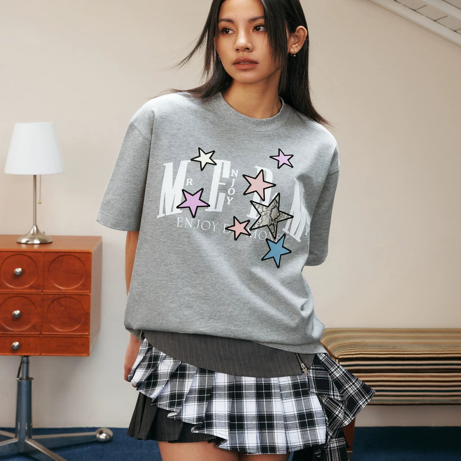 MEDM26SS snake pattern patchwork star short sleeved summer women's American design T-shirt men's casual couple top trendy