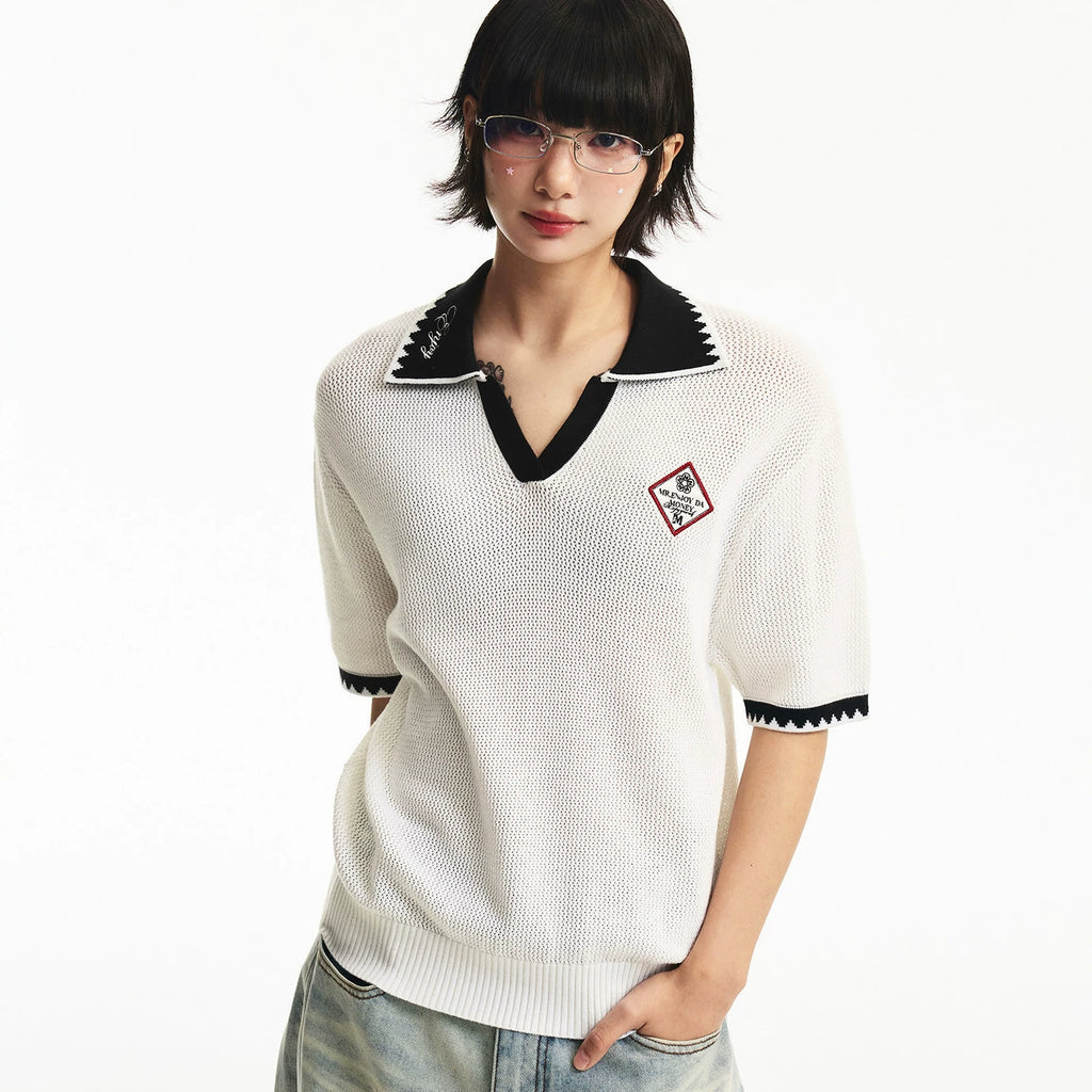 MEDM grid polo contrasting ribbed casual short sleeved street retro breathable lazy style loose couple T-shirt summer