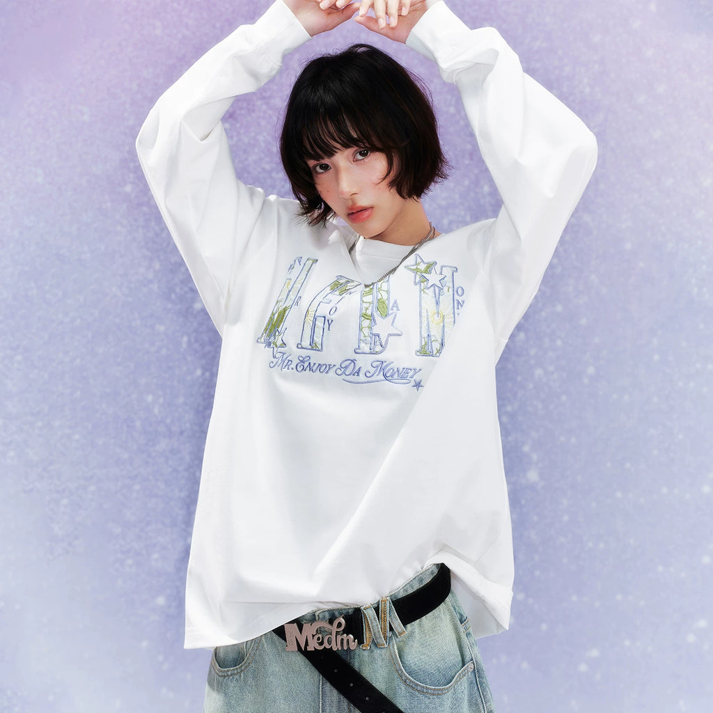 MEDM letter hollowed out flower patch casual long sleeved T-shirt simple and versatile commuting round neck couple top for spring and autumn