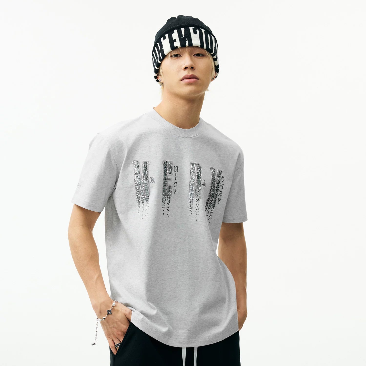MEDM chest letter bead phantom casual round neck T-shirt trendy street style unisex loose short sleeved summer
