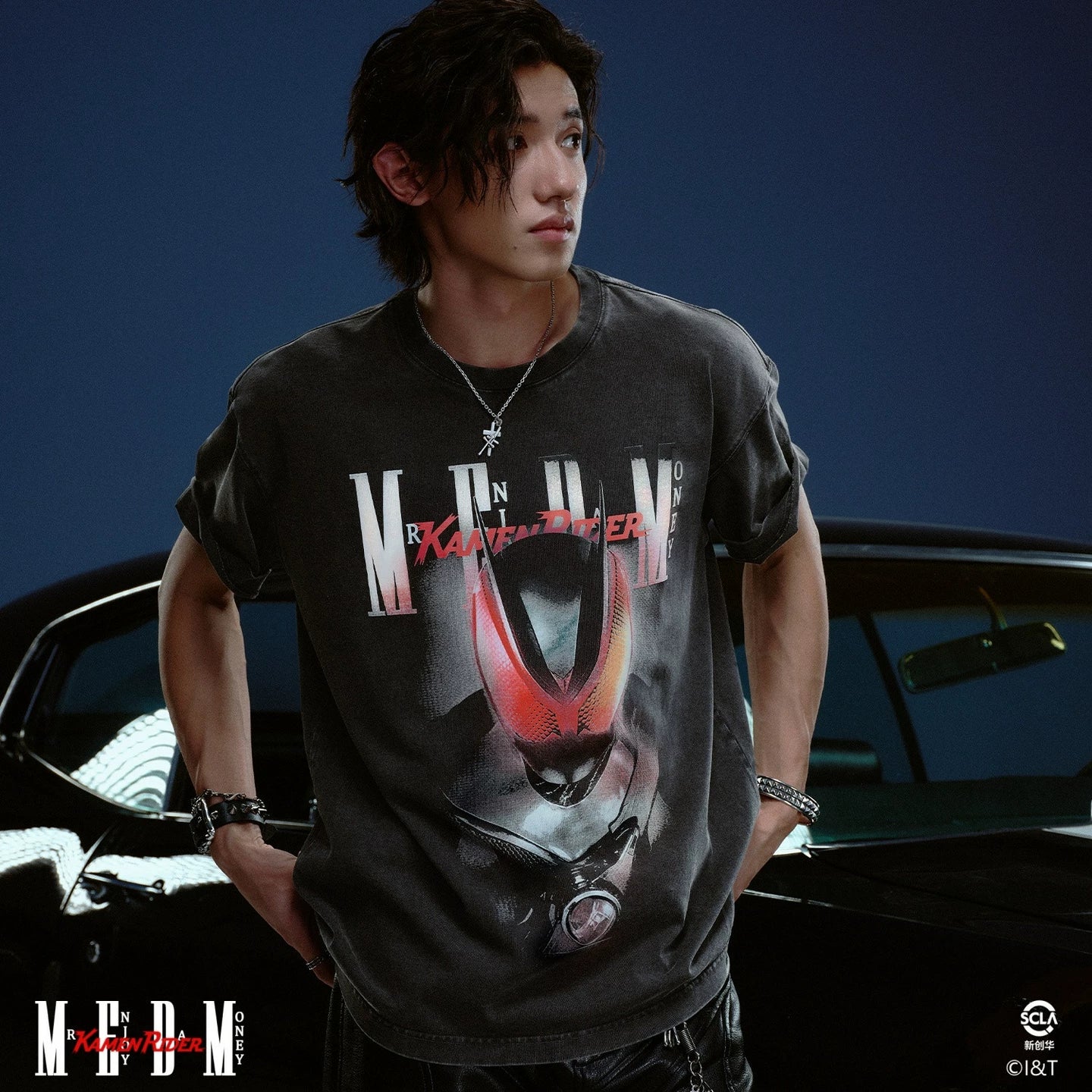 MEDMx Kamen Rider Collaboration - Half body Printed Cotton Washed Outdated Casual Short Sleeve Men's Round Neck T-shirt