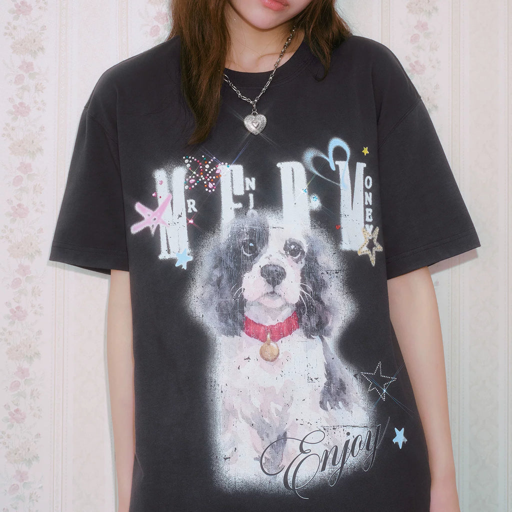 MEDM color rhinestone washed puppy print casual round neck short sleeved American retro heavy-duty loose T-shirt