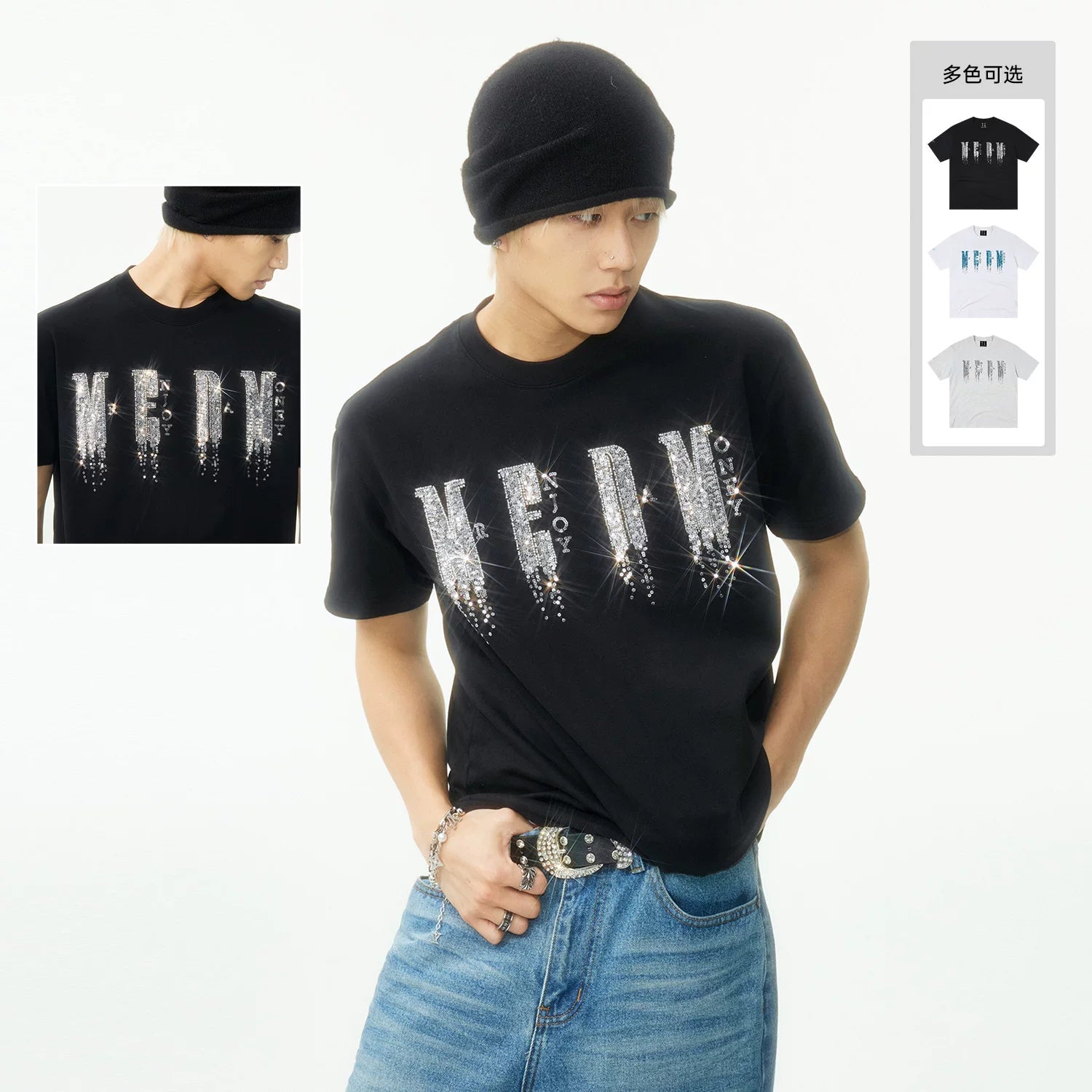 MEDM chest letter bead phantom casual round neck T-shirt trendy street style unisex loose short sleeved summer