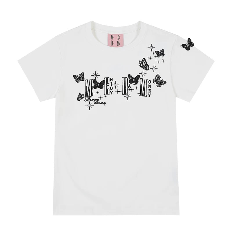 MEDM American style short sleeved T-shirt with lace butterfly design, unisex summer T-shirt, trendy brand style round neck short sleeved shirt