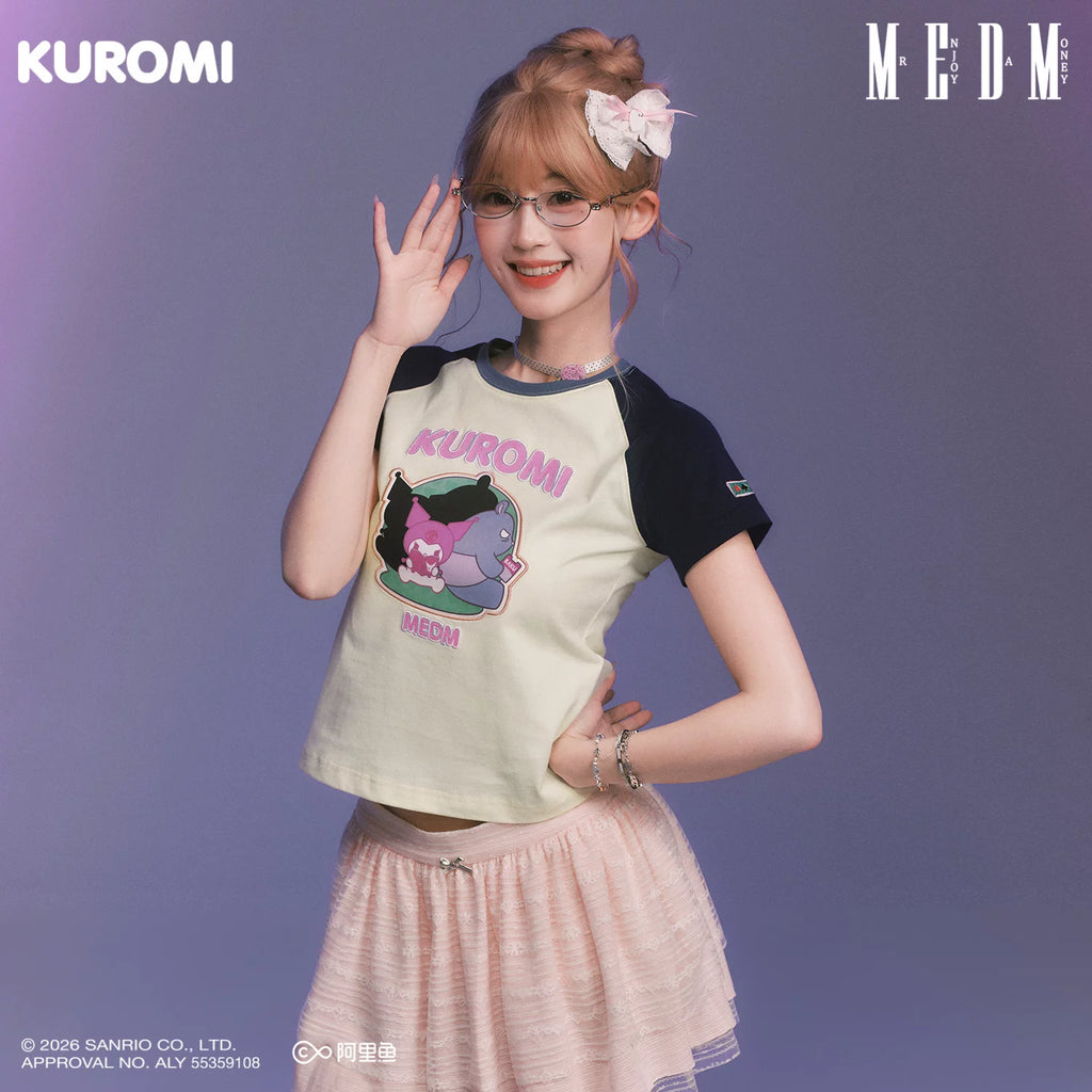 MEDM × Sanrio Family Series Color blocked Cool Lomi Pattern Printed Shoulder Short Sleeve Cute Sweet Girl T-shirt Female