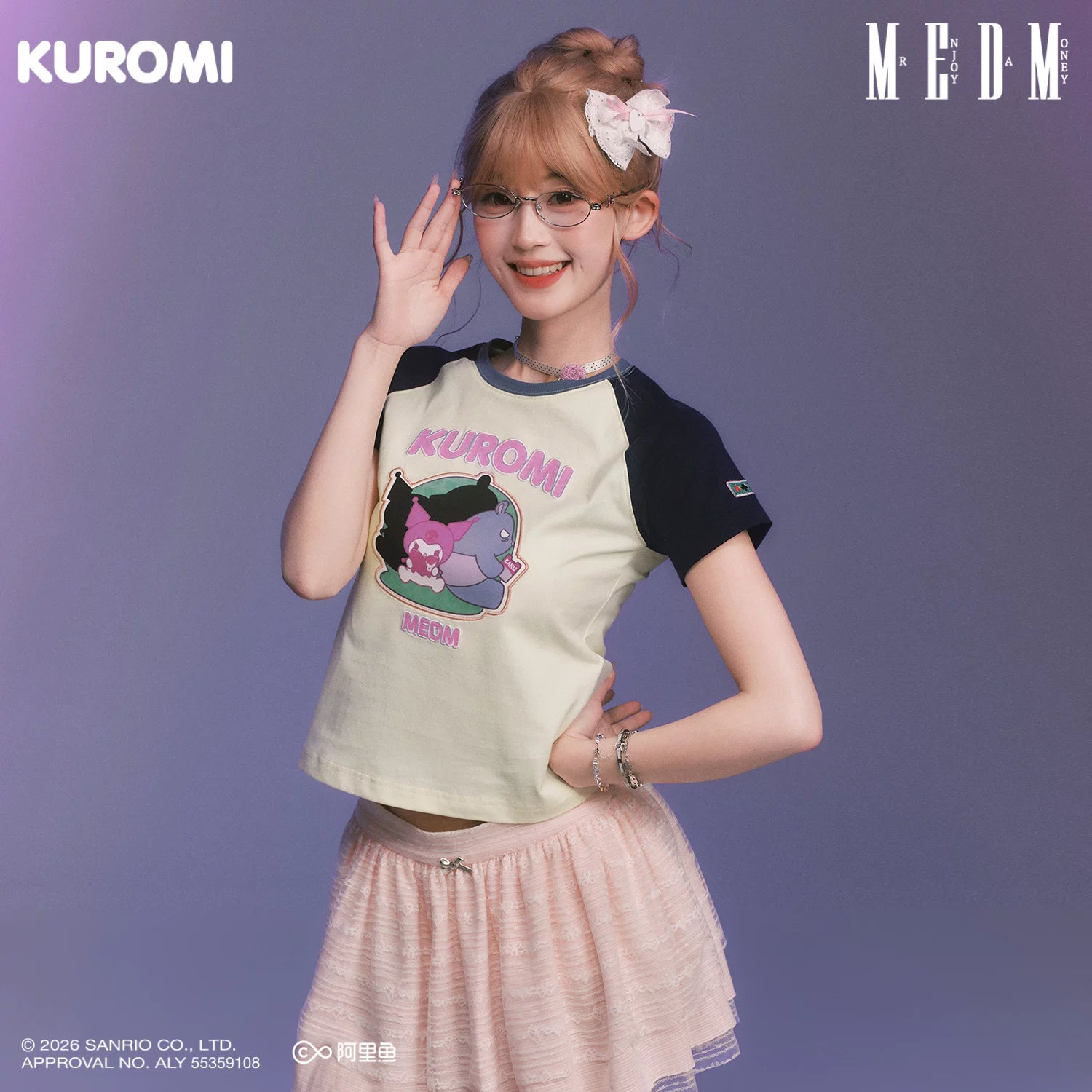 MEDM × Sanrio Family Series Color blocked Cool Lomi Pattern Printed Shoulder Short Sleeve Cute Sweet Girl T-shirt Female