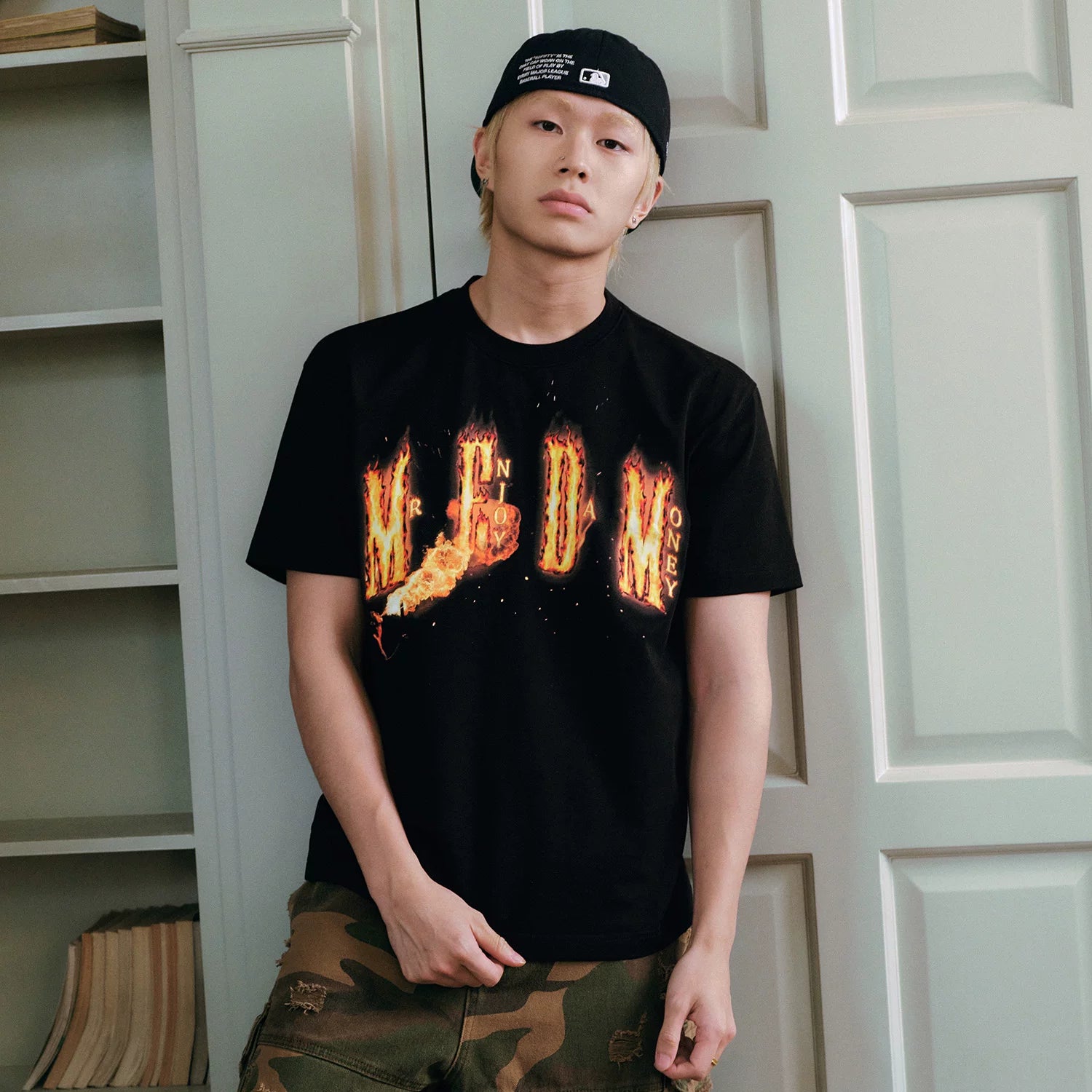 MEDM flame shaped letter logo print casual round neck short sleeved American street unisex loose T-shirt