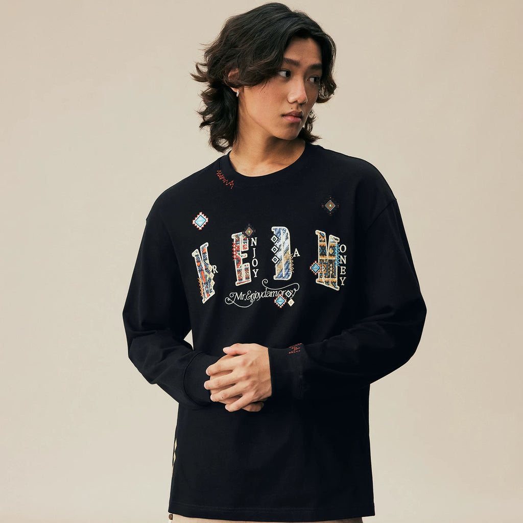 MEDM2025 new product ethnic style small fragrance patch fabric casual long sleeved T-shirt pure cotton round neck couple base shirt top