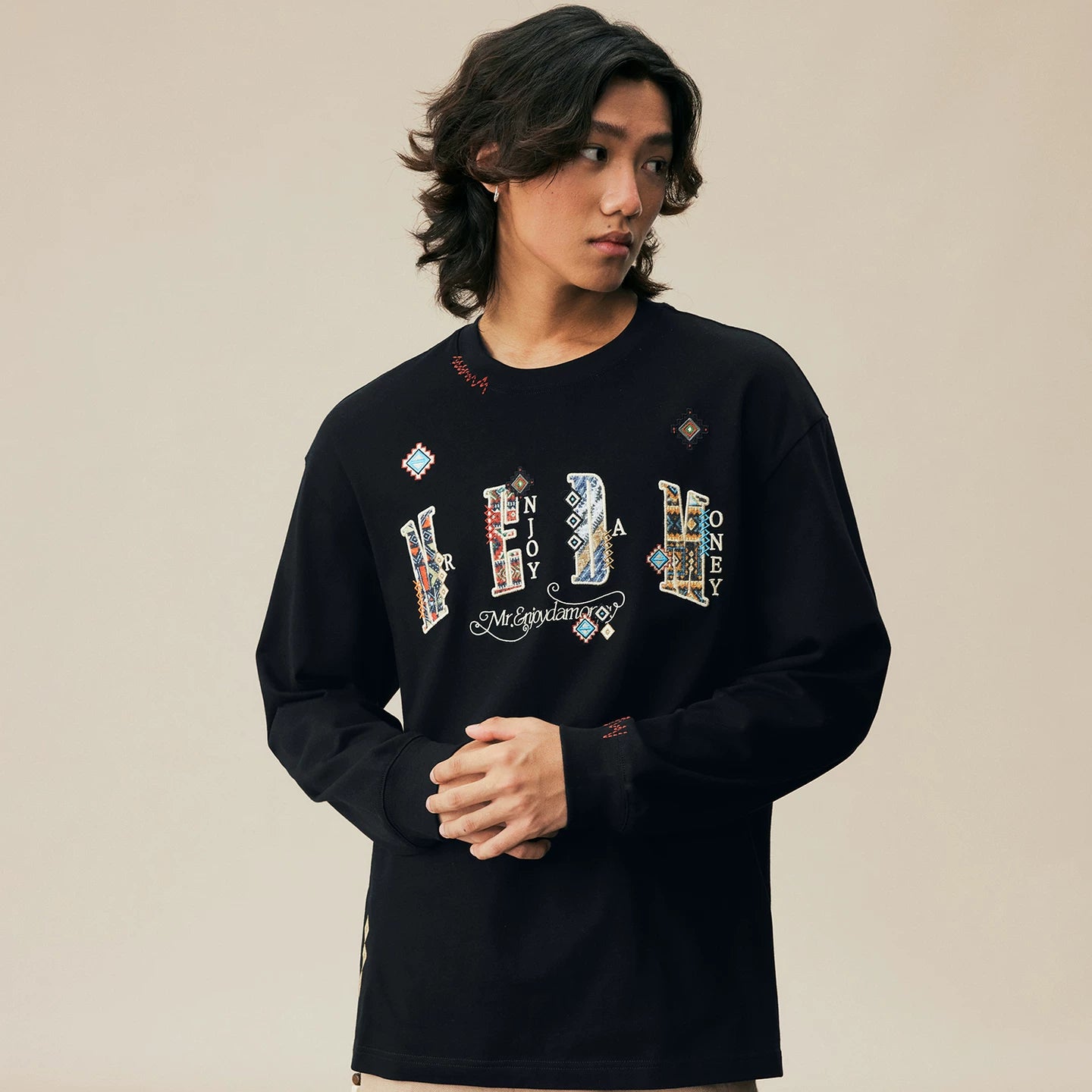 MEDM2025 new product ethnic style small fragrance patch fabric casual long sleeved T-shirt pure cotton round neck couple base shirt top