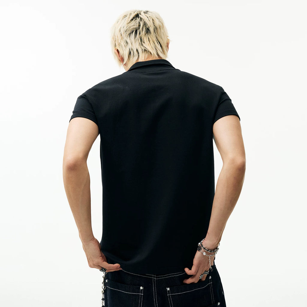 MEDM Embroidered Logo Casual Stand up Collar Short Sleeve Trendy Basic Versatile Simple Unisex Loose T-shirt