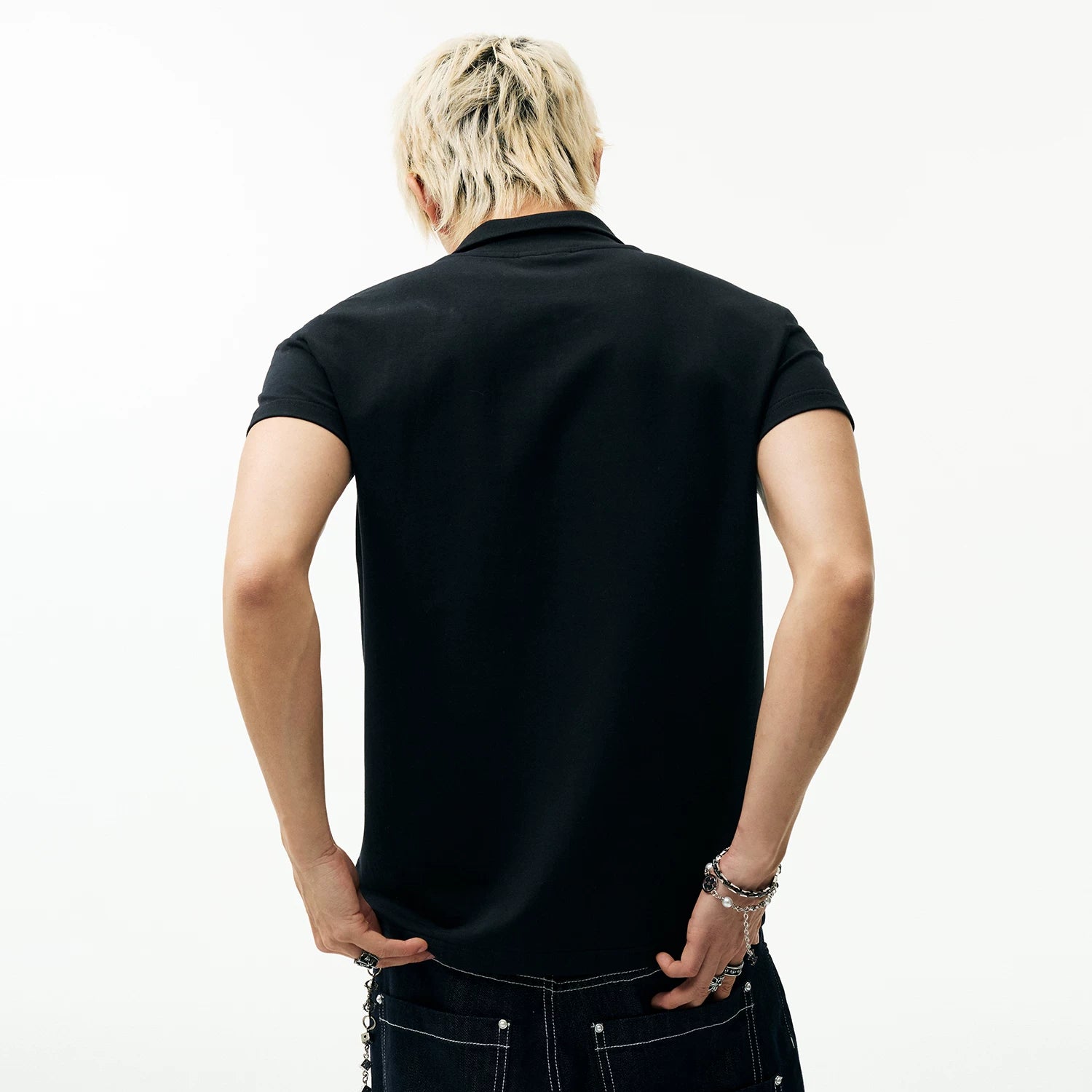 MEDM Embroidered Logo Casual Stand up Collar Short Sleeve Trendy Basic Versatile Simple Unisex Loose T-shirt