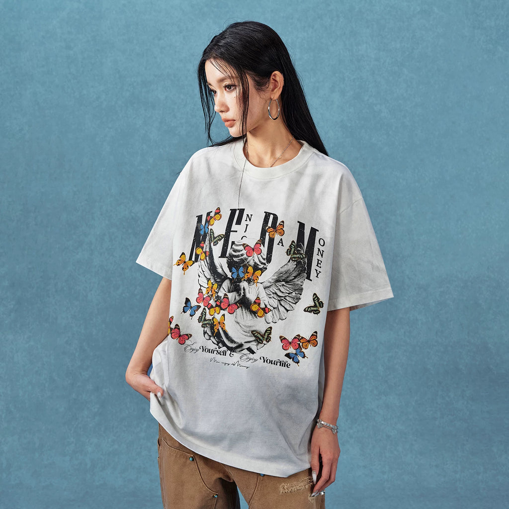 MEDM Angel Butterfly Wash Short Sleeve Casual Round Neck T-shirt for Men and Women Summer American Hip Hop Trendy Brand T-shirt Tee